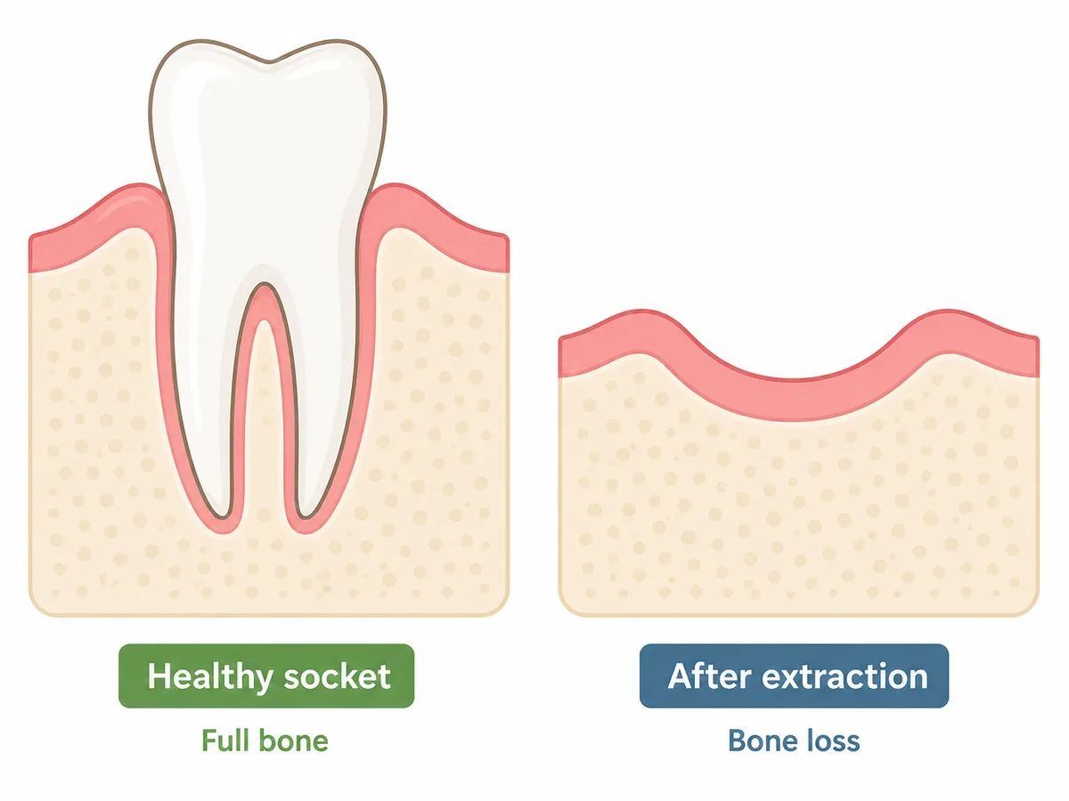 Side-by-side comparison illustration of a healthy tooth socket with full bone versus an empty socket that has resorbed and lost bone height after extraction