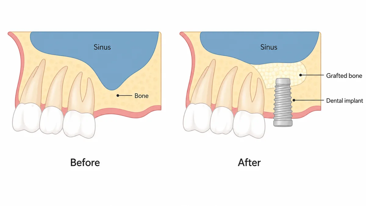 Cross-section illustration of an upper jaw showing the maxillary sinus membrane being lifted and bone graft material packed underneath to create room for a dental implant