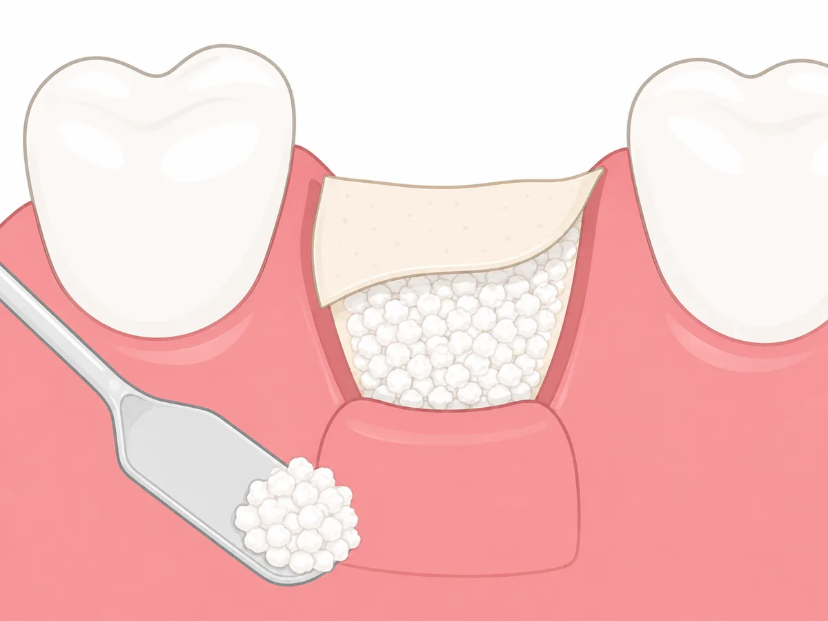 Clinical illustration of an extraction socket being filled with bone graft material and covered with a membrane immediately after a tooth is removed